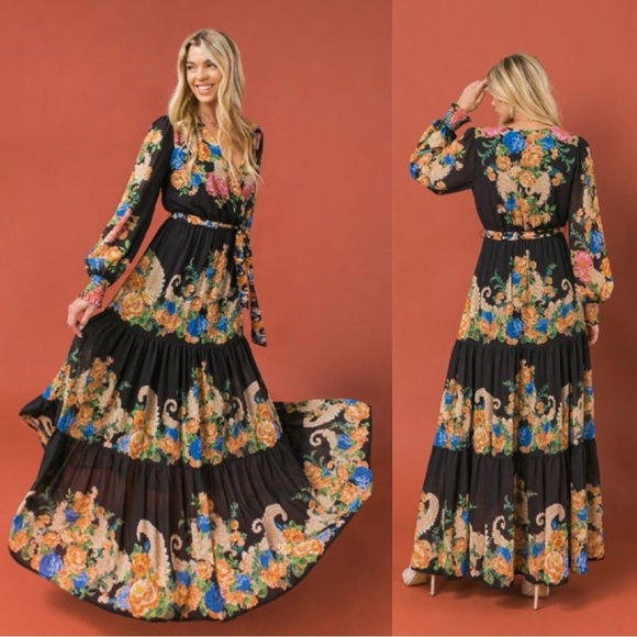 Flying Tomato Hey Cutie Woven Maxi Dress Black Boho Long Sleeve Tiered size S